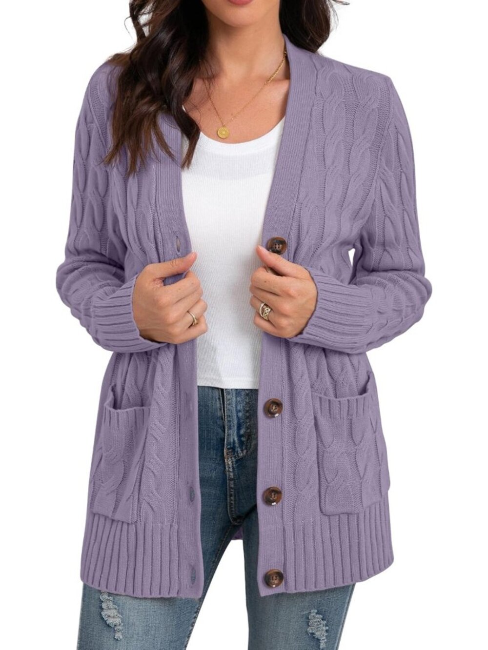Cozy Women's Long Sleeve Cable Knit Cardigan Sweater with Pockets - Perfect for
